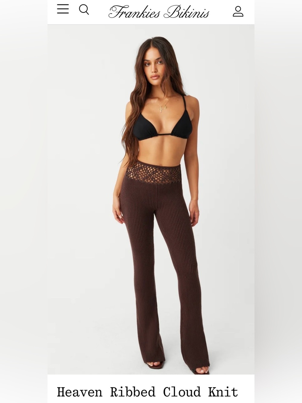 Frankie's Bikinis Brown Ribbed Wide-Leg Knit Pants with Crochet Waistband